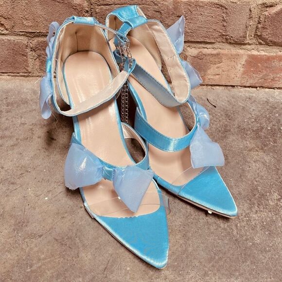 Blue Strappy Bow Pointed Toe Stiletto Sandal Heel Size 7.5 New - Picture 11 of 11